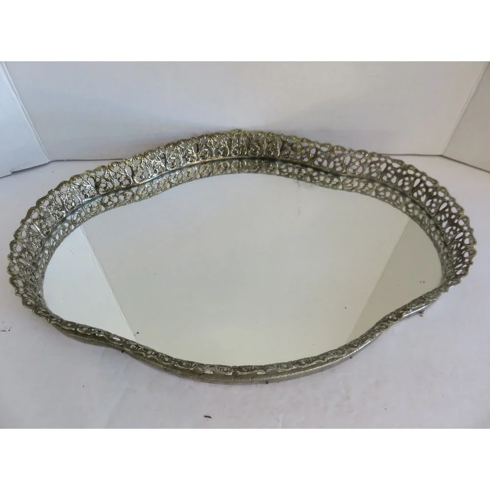 Vintage Hollywood Regency Oval Mirrored Vanity‎ Tray Filigree Pierced Metal 16